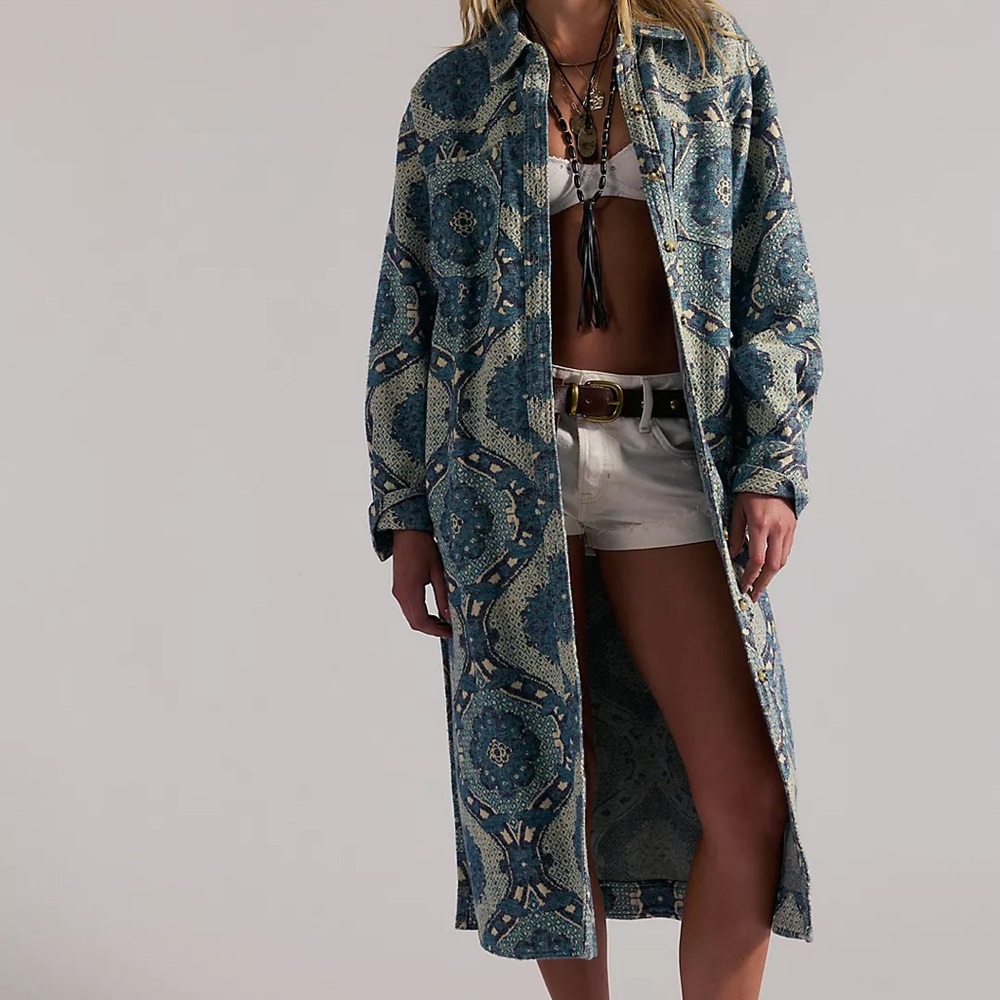 We The Free Brick Lane Jacquard Maxi Shirt Jacket Coat, Blue Combo, XS, NWT